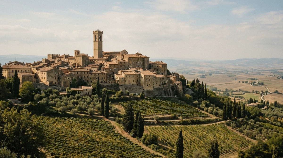 The hilltop town of Montepulciano rising above Tuscan vineyards under a clear afternoon sky