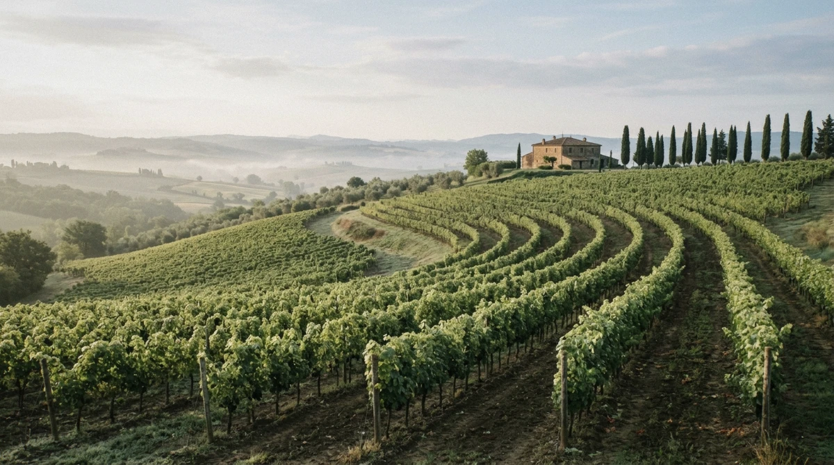 Terraced Sangiovese vineyards rolling toward a medieval hill town under soft Tuscan afternoon light