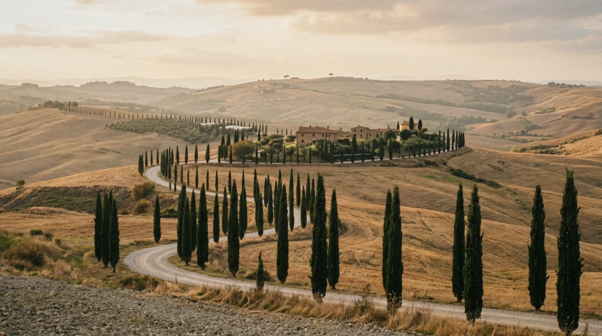 Cypress-lined hills of the Val d'Orcia at golden hour on a montepulciano wine tour from rome through Tuscany