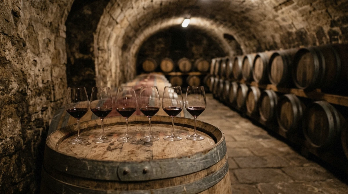 Oak barrels and poured red wine on a barrel head during a montepulciano wine tasting and cellar tour in Tuscany, Italy